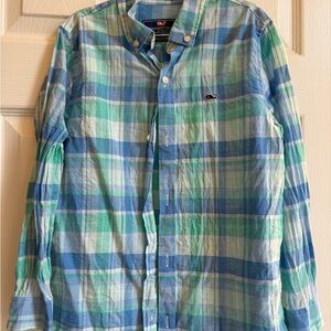 Vineyard Vines Blue, Green & White Plaid Button-Down Shirt